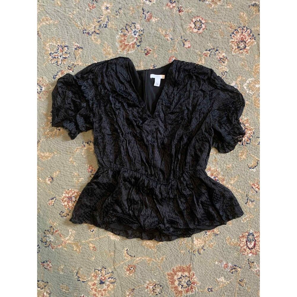 Lewit Black Puff Sleeve V-Neck Peplum Blouse, Size S